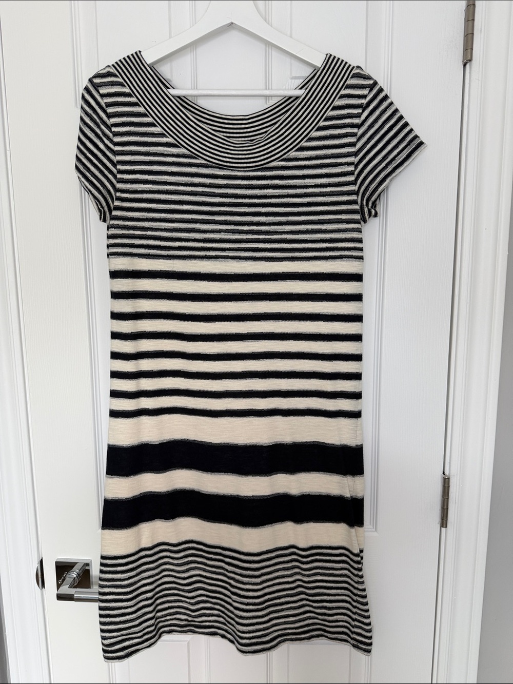 Maeve Black and Cream Striped Knit Mini Dress